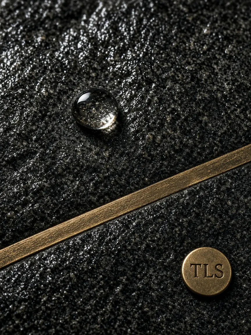 Wet charcoal granite and a bronze inlay. No therapist, no guest.